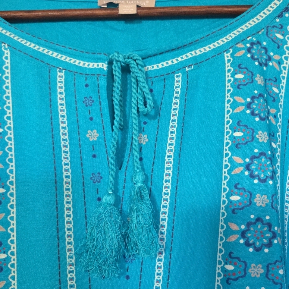 Woman Within Women's Tunic Top in 2X Teal Floral Peasant BOHO Relaxed Fit - Picture 2 of 9